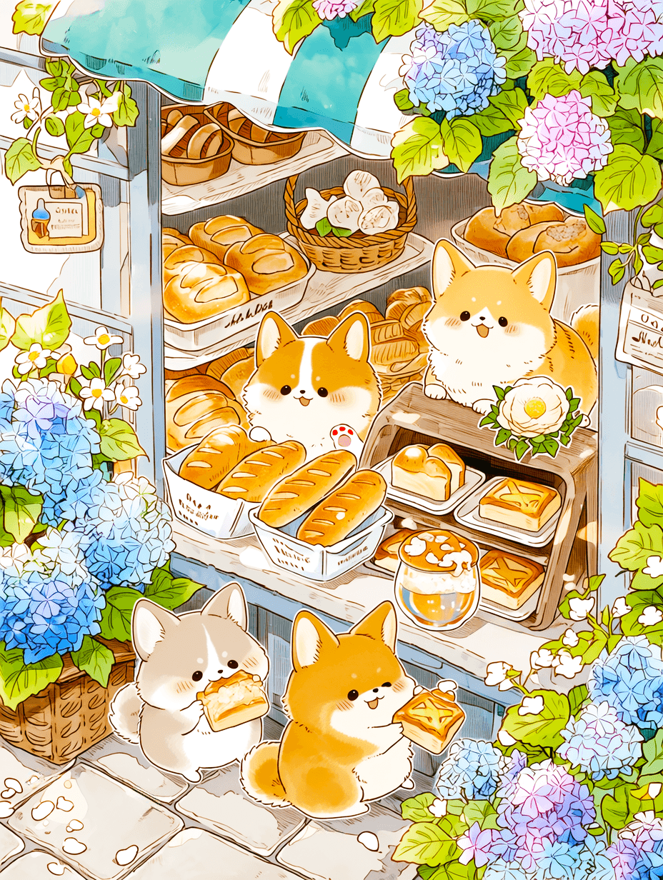 花咲くパン屋のコーギーちゃん