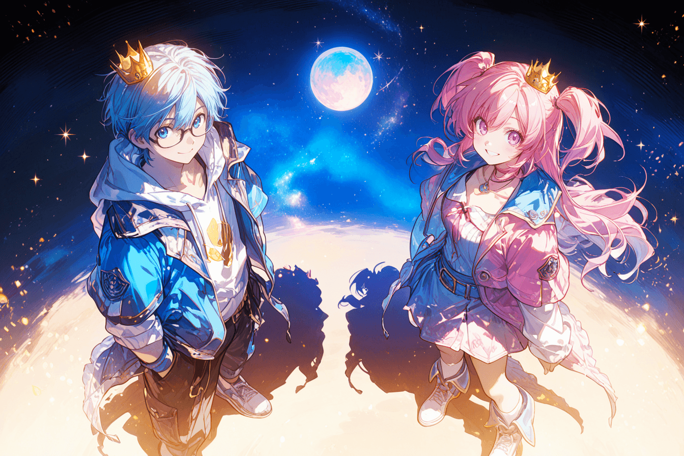 星空の下、王冠を戴いたピカルとキララが並び立つイラスト