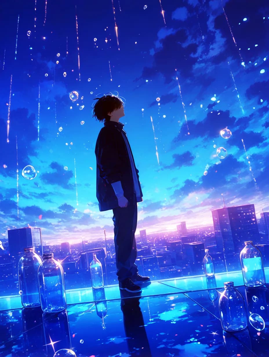 「その涙、買い取ります」の挿絵。夜空の下、涙を集めた小瓶に囲まれて佇む店主トオルの後ろ姿。