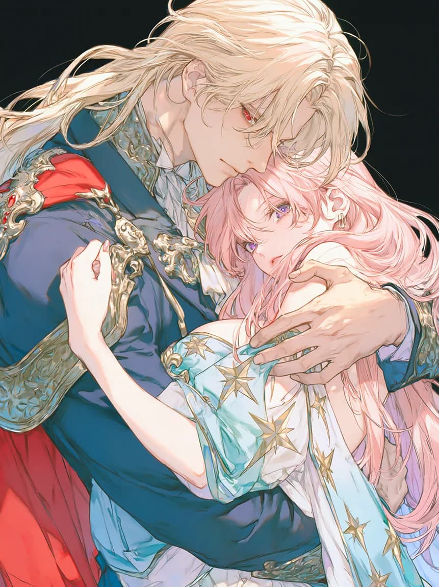 同作の挿絵。星をあしらった青いドレスの新妻を、ノアが背後から強く抱きしめる場面。