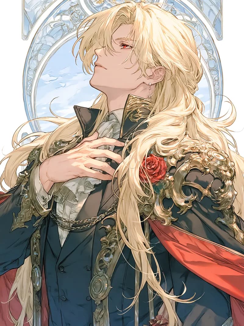 同作の挿絵。赤い薔薇と黒の礼装をまとった当主ノアが、胸に手を当てて空を見上げる立ち姿。