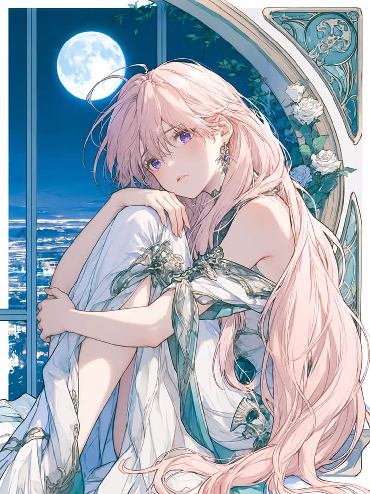 同作の挿絵。月夜の窓辺で、ピンク髪の新妻が膝を抱えて物思いにふける場面。