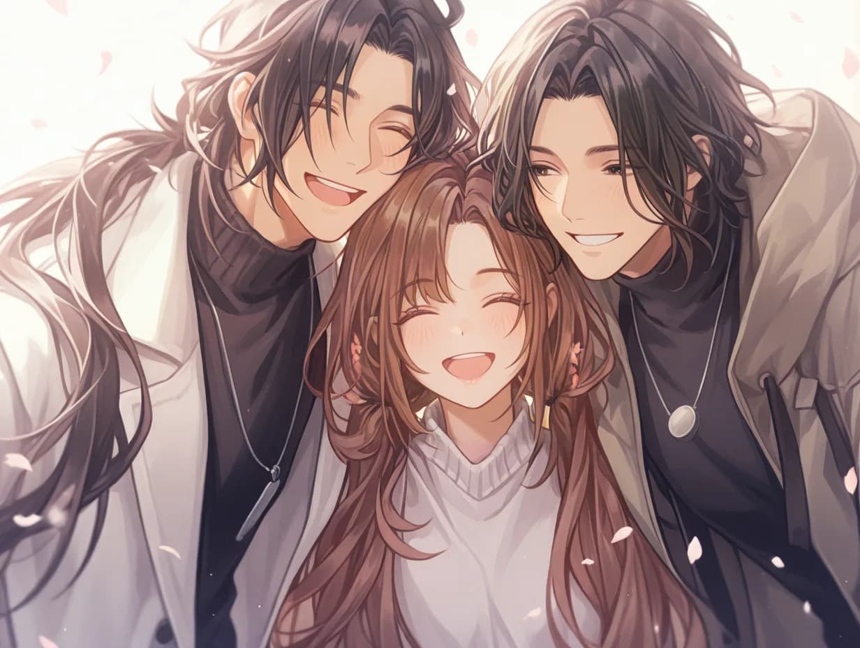 同作の挿絵。葵と二人の青年が、花びらの舞う中で目を細めて笑顔を寄せ合う場面。