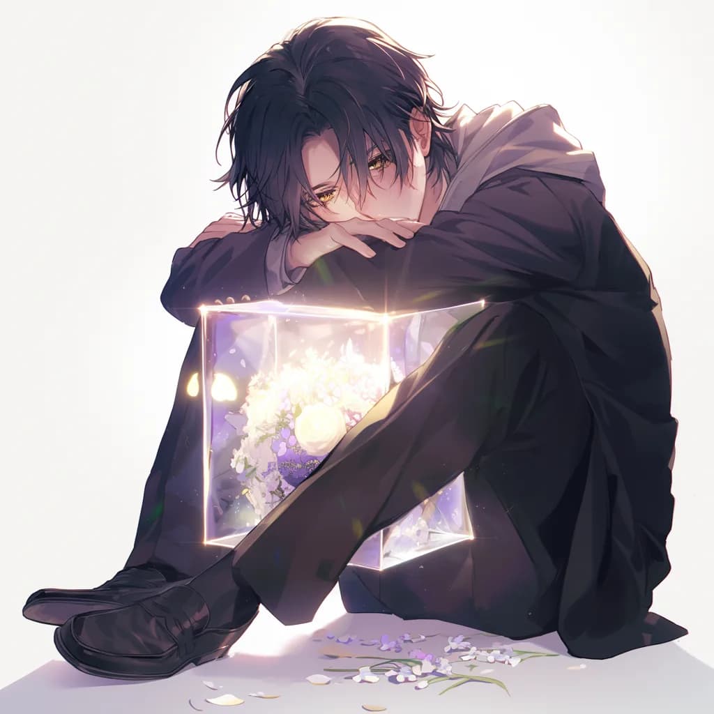 同作の挿絵。黒髪の青年が、淡く光る硝子の箱を抱えてうずくまる場面。