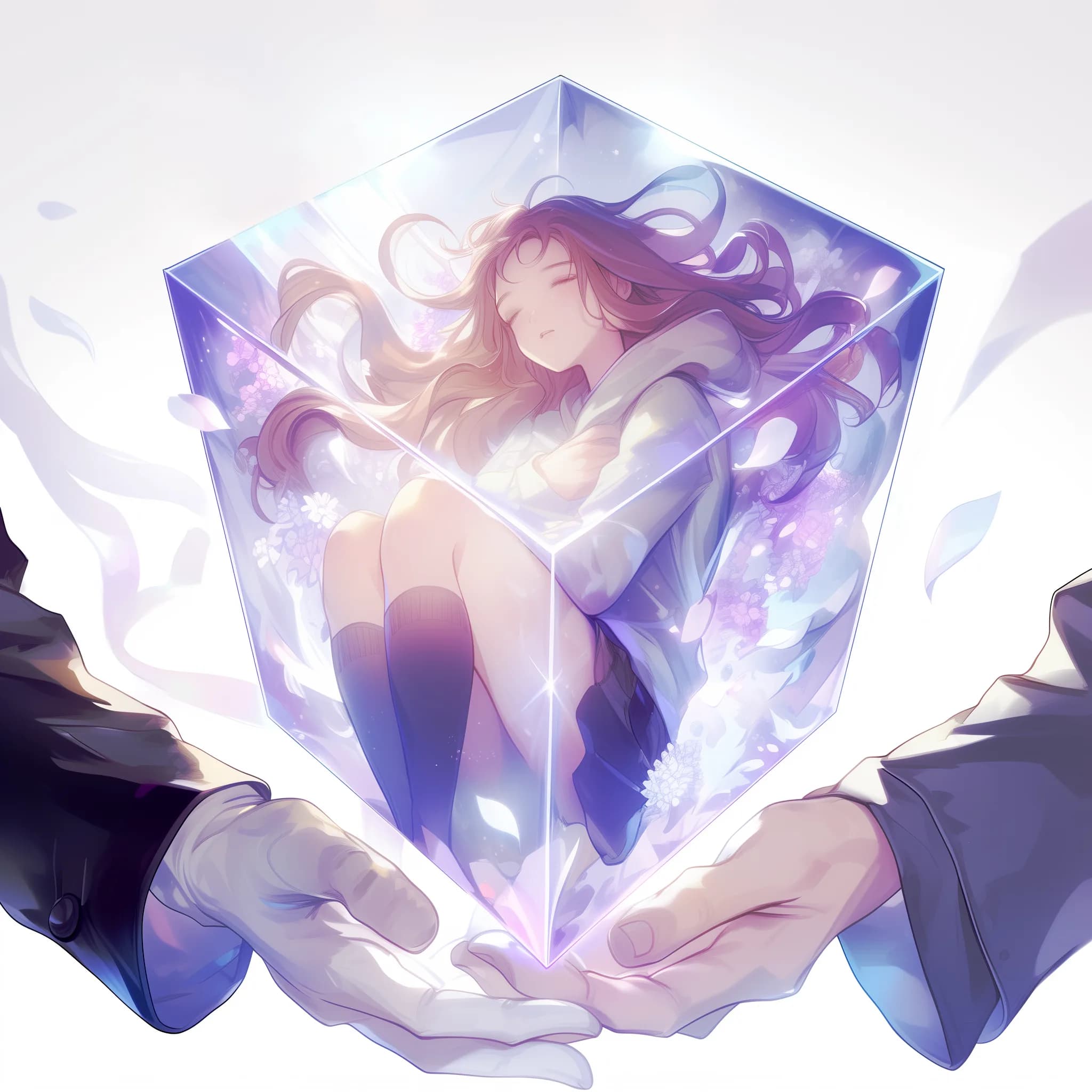 同作の挿絵。透明な立方体の中で眠る少女を、二人の手がそっと支える幻想的な場面。